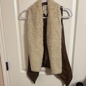 Brown Leather Vest with Cream Faux Fur Trim